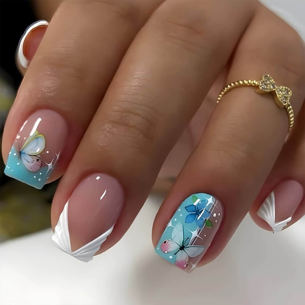TEMU Star Wearable Nail Patches 24pcs Short Square Manicure Wearable Armor White Glitter Small Fresh Elegant Temperament Design Fake Nails Extension Removable Armor With Jelly Glue 1 Nail File 1