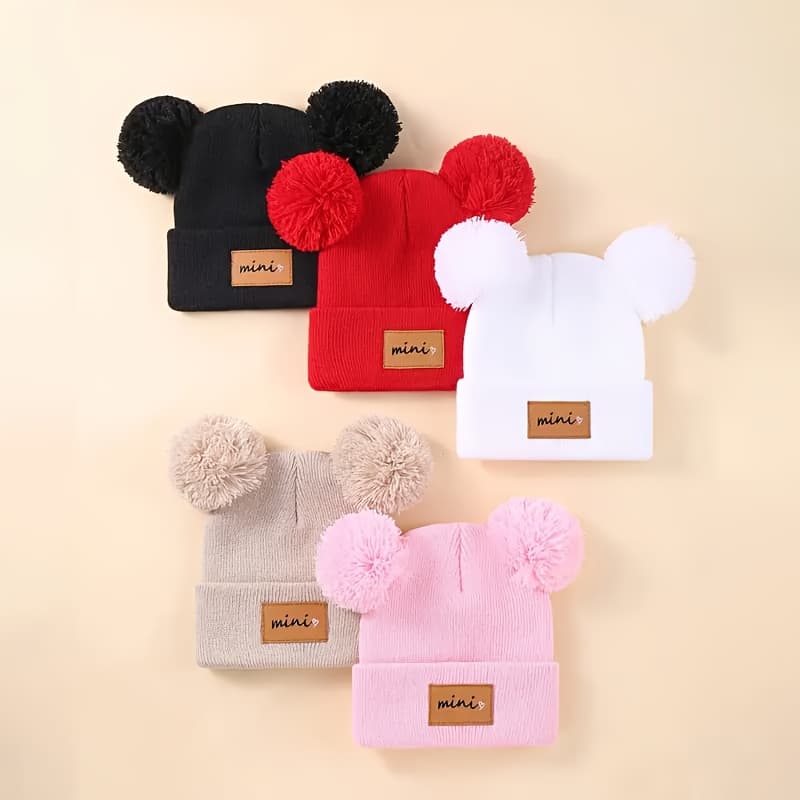 TEMU 5 Pack Baby Winter Warm Knit Hats With Pom Poms - Unisex Toddler Beanies, Acrylic, Alphabet Pattern, Hand Wash, For Infants 0-3 Years, Lightweight For Fall/winter & Birthday Occasions