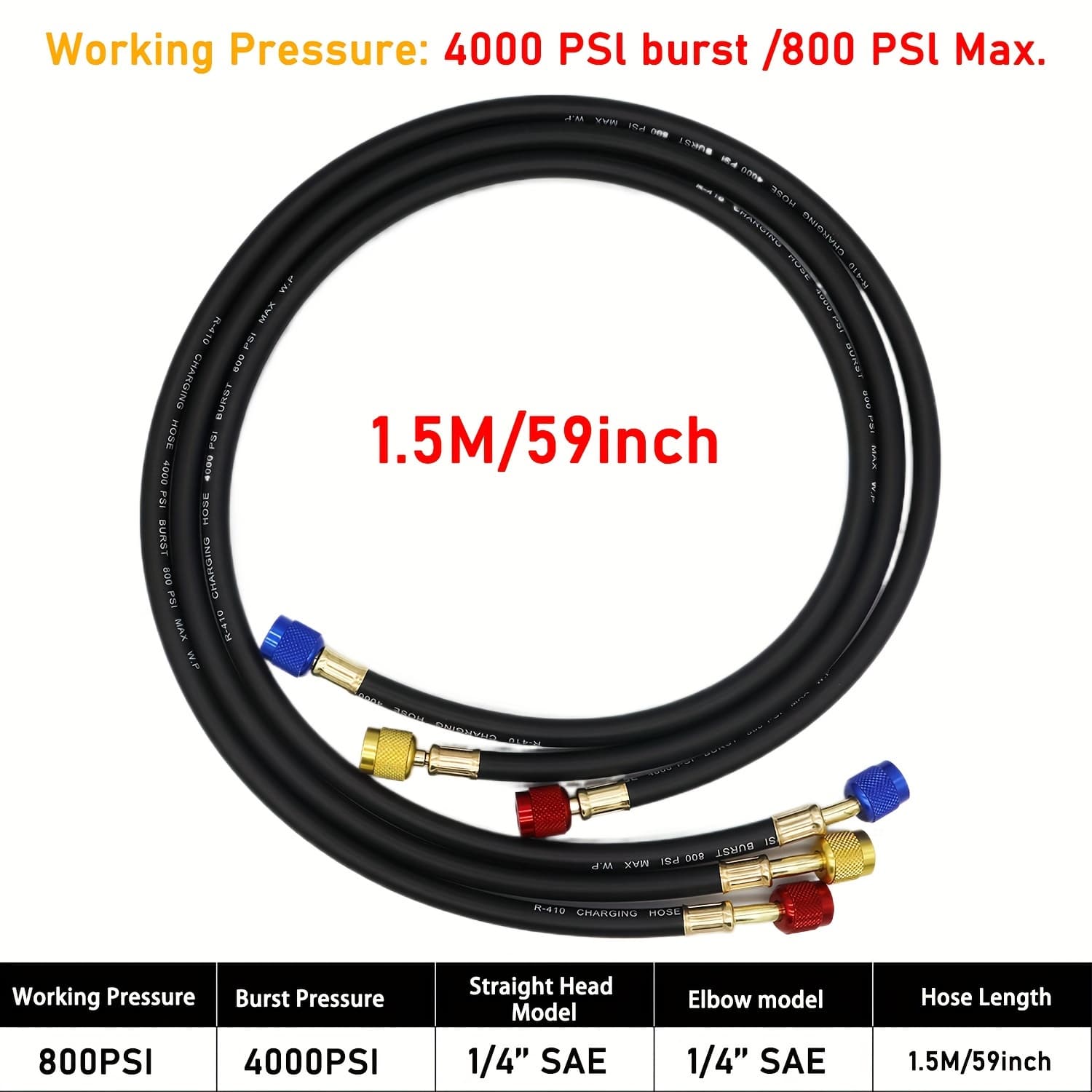 TEMU 0.9m/1.2m/1.5m R410a Ac Charging Hose Set 1/4'' Sae 800 Psi For Hvac Air Condition Refrigerant Hoses R134a R12 R22 R502 Air Condition
