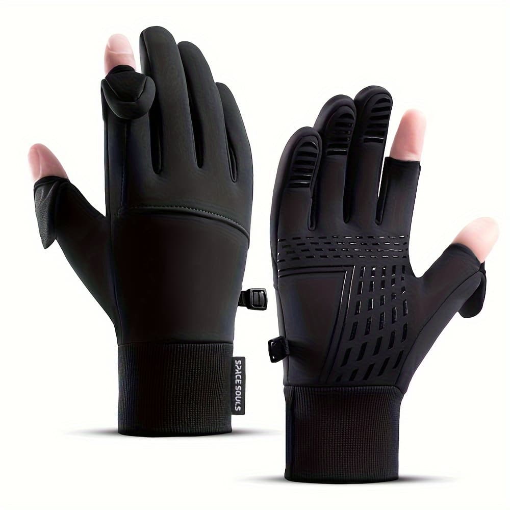 TEMU 1 Pair Men Winter Warm Gloves Windproof Touch Screen Gloves Outdoor Sports Skiing Cycling Fishing Running Gloves Flip Cover Revealing 2 Fingers Unisex Cold-proof Gloves