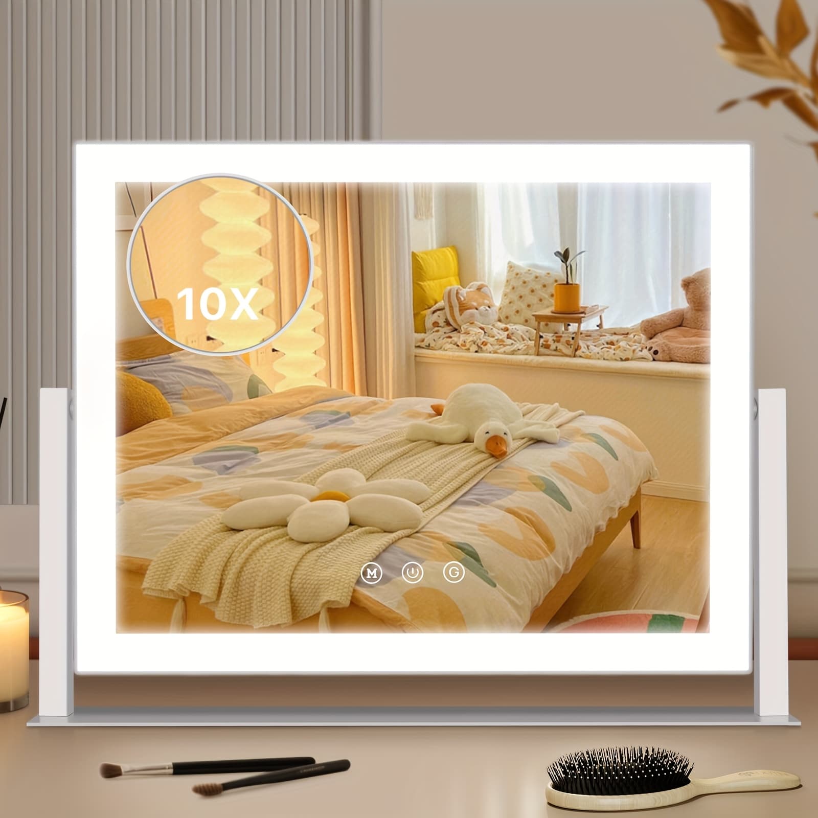 TEMU Illuminated Makeup Mirror, 16.3"x13" Vanity Mirror Featuring 10x Magnification, 3 Lighting Options, Touch Control, 360° Rotation, Suitable For Bathroom And Bedroom