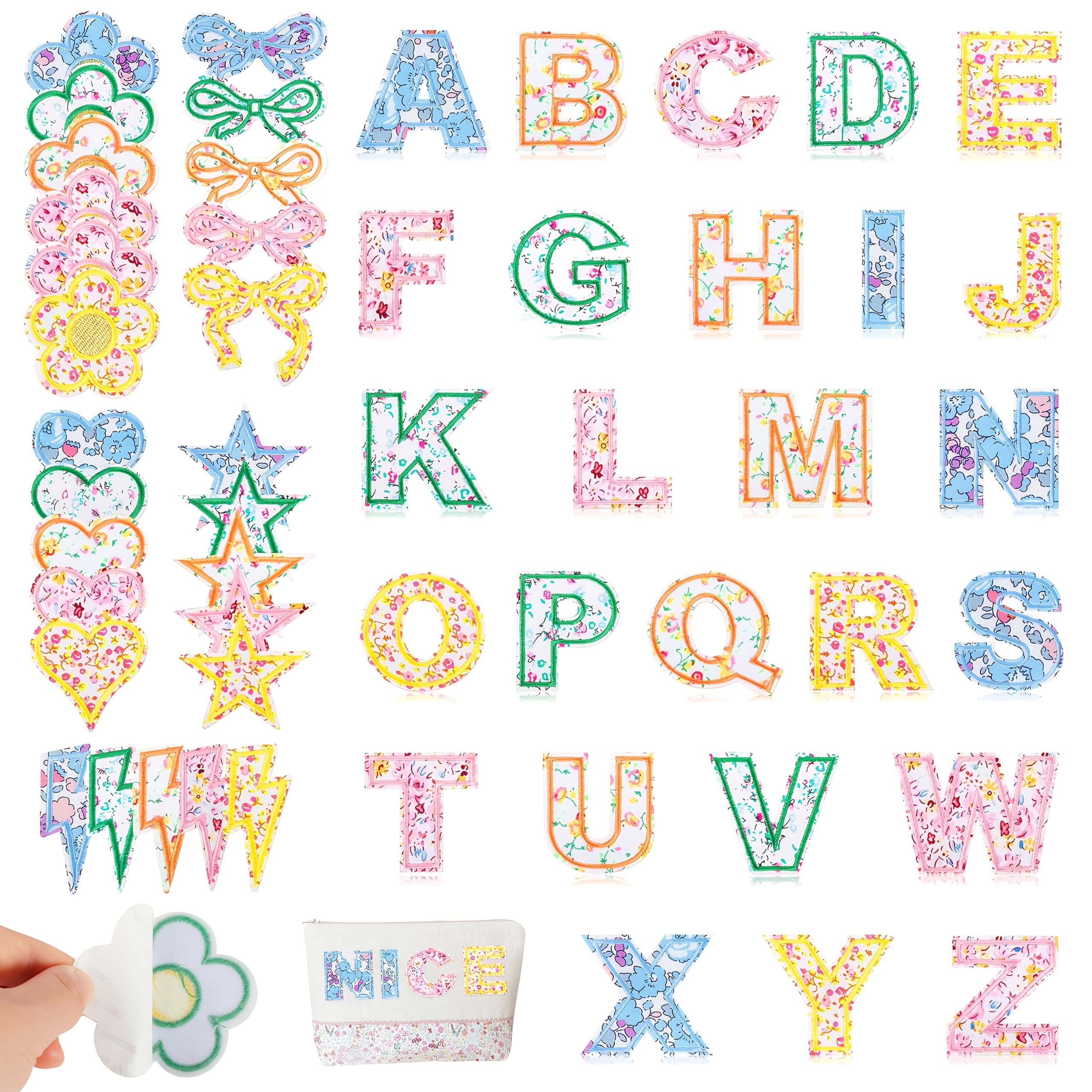 TEMU 51pcs Self-adhesive Letter Patches For Bags: Multicolor Floral Fabric Varsity Stick-on Letters - Cute Flower, Star, Heart, Lightning & Bow Stickers For Clothing, Jackets, Jeans, And Caps