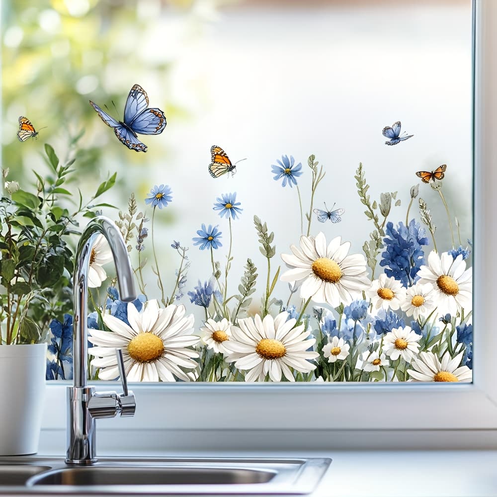 TEMU 1pc Self-adhesive Daisy Glass Clings With Realistic Daisies & Foliage - Semi-matte Vinyl Decals Suitable For, Mirrors, Shower Doors - & Stick Application, No Tools/residue Removal