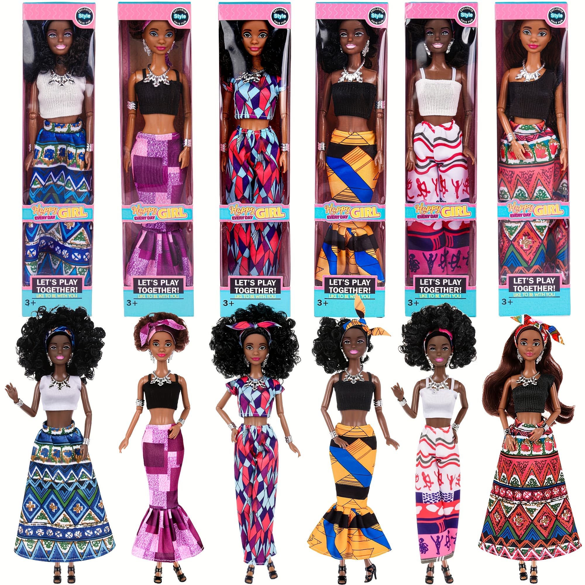 TEMU 6pcs Fashion 11.5 Inch African Toy Girl Doll Play Set, Curly Hair With Wearing Removable Dress & Accessories, Pack For Kids, Girls' Party Favors