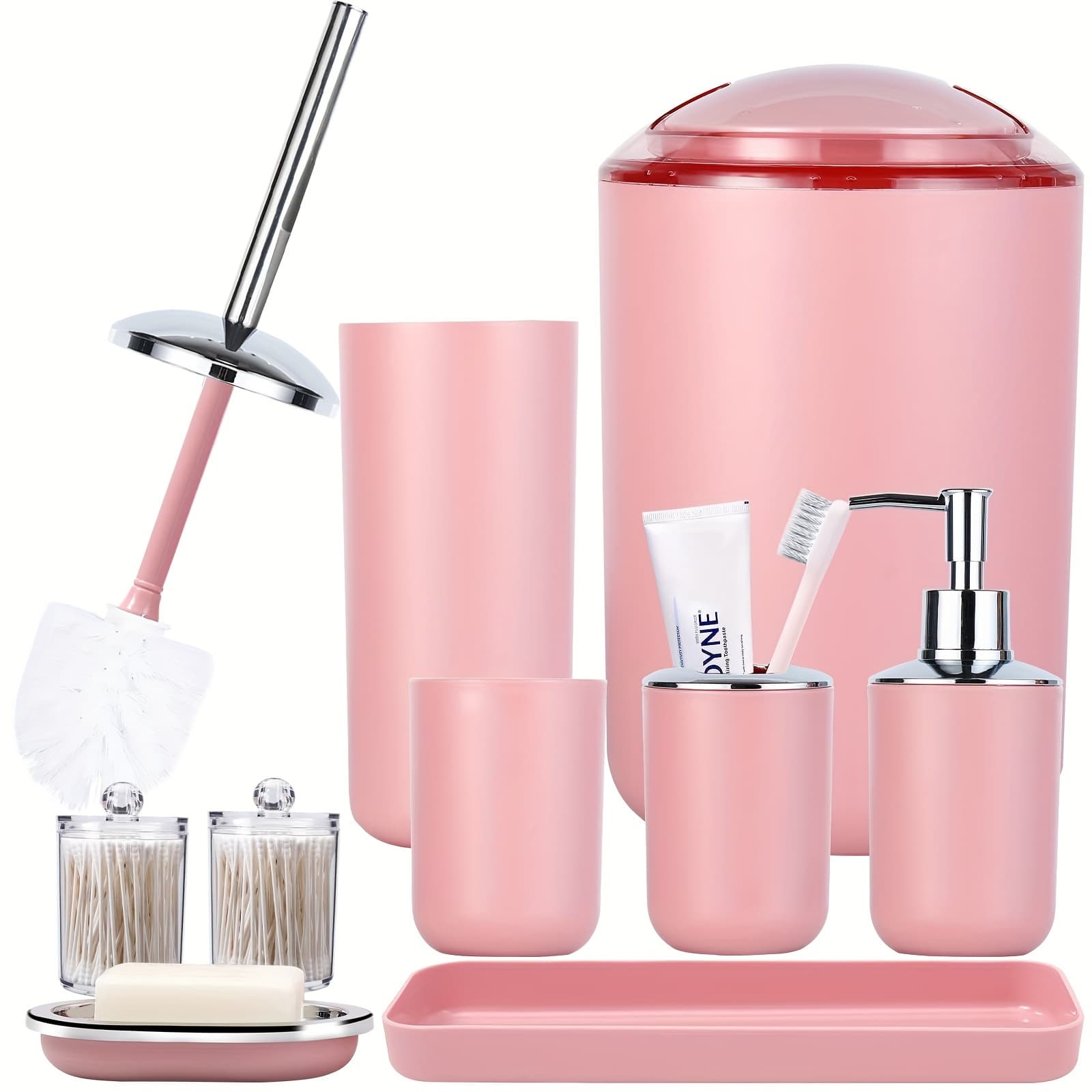 TEMU 9 Pack Bathroom Accessories, Bathroom Decor Accessory Set Complete With Trash Can, Cute Bath Essentials Sets Soap Dispenser Toothbrush Holder Toilet Brush Qtip Holders Soap Dish