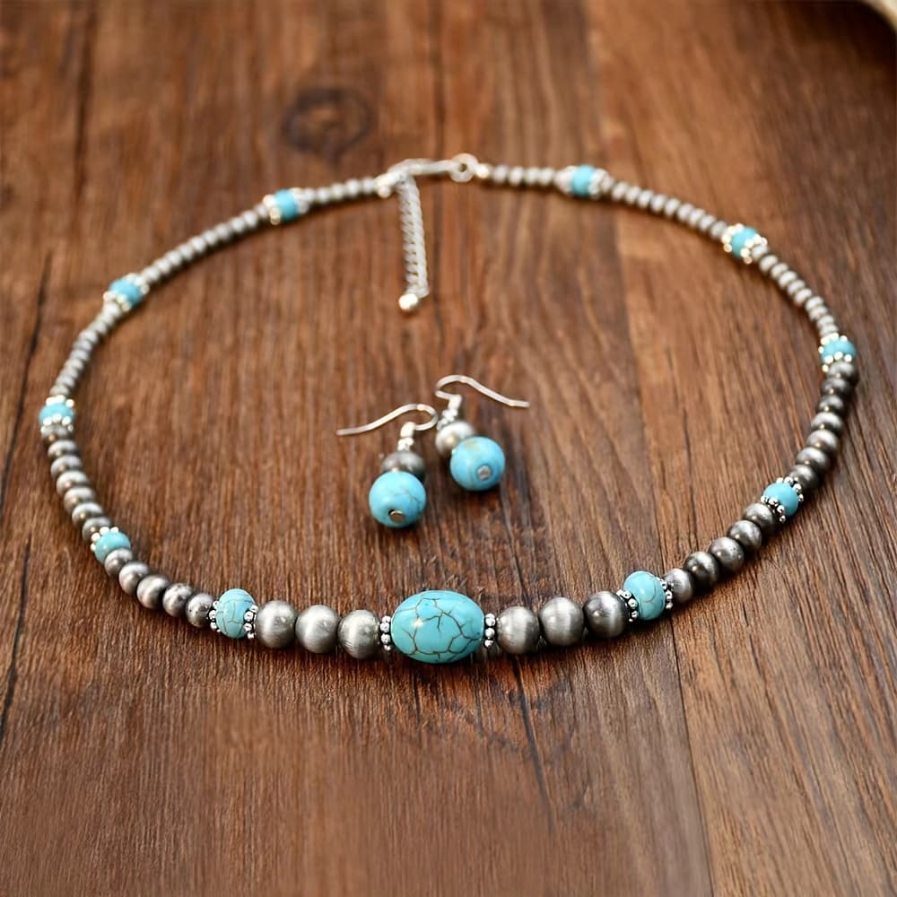 TEMU European And Ethnic Style Green Turquoise Necklace Earring Set Women Niche Design Antique Silvery Beaded Jewelry.