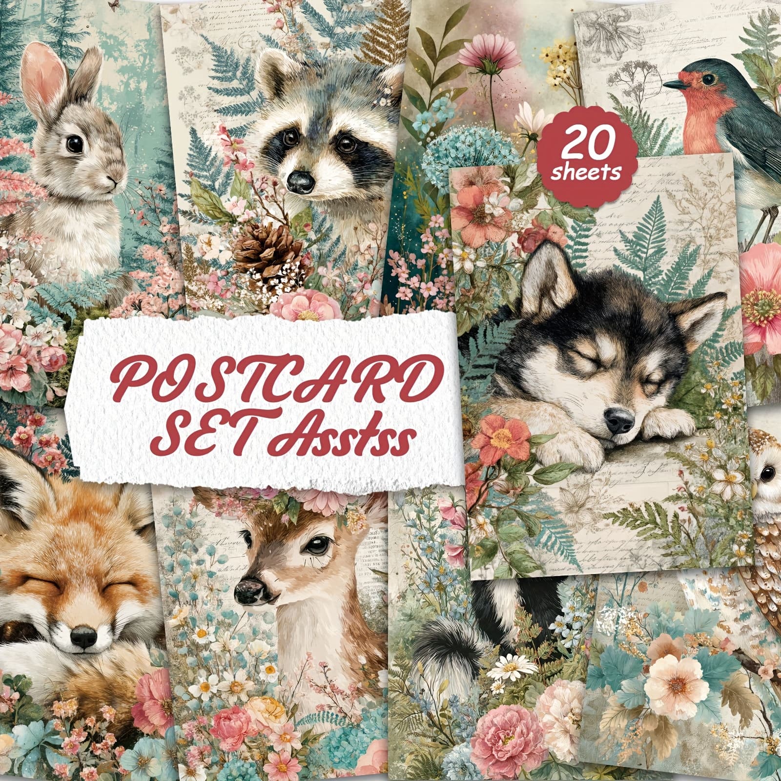 TEMU Sets Of 20 Postcards Featuring Animal And Floral Designs, Perfect For Writing On Cardboard, Ideal For Smooth Surfaces, English Scrapbooking, Journaling, Crafts, And Greeting Cards
