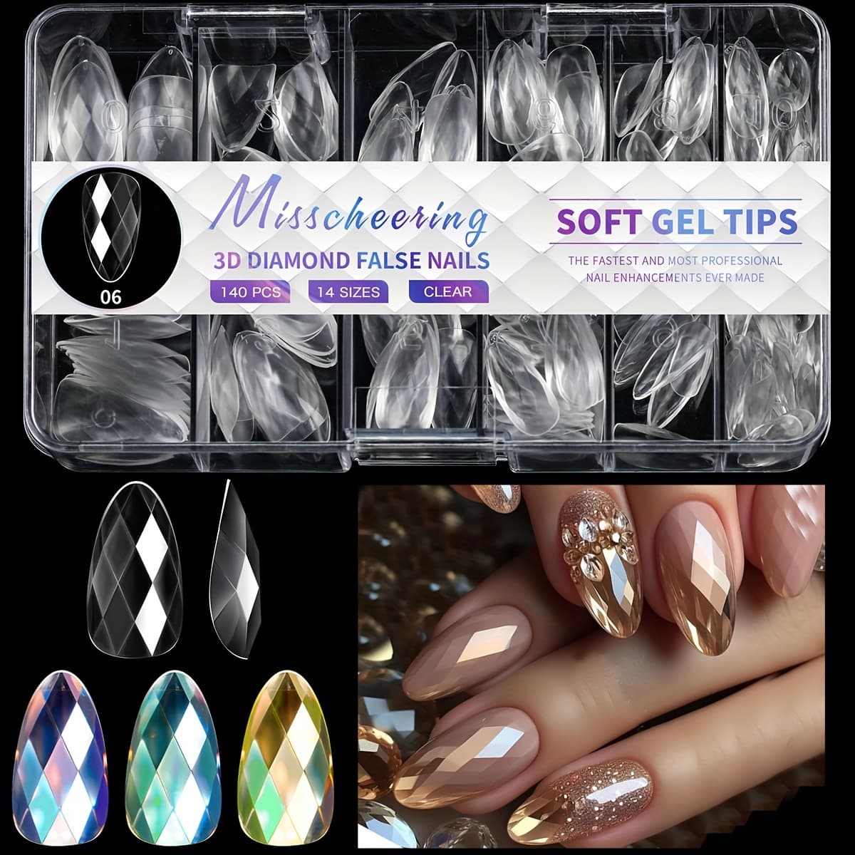 TEMU 140pcs Face Rhombus Artificial Acrylic Almond False Nail Tips Press On Nails