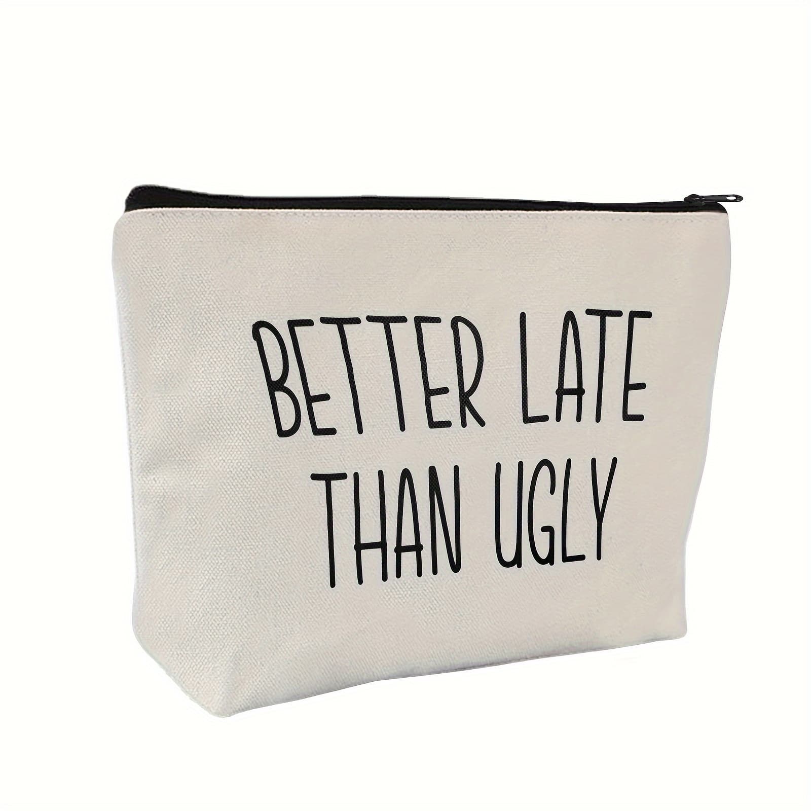 TEMU Canvas Cosmetic Bag With Anti-slip Zipper, Humorous " Than Ugly" Print, Unisex Gender Neutral Makeup Pouch With Large Capacity, Unscented, Non-waterproof Makeup Artist Accessory