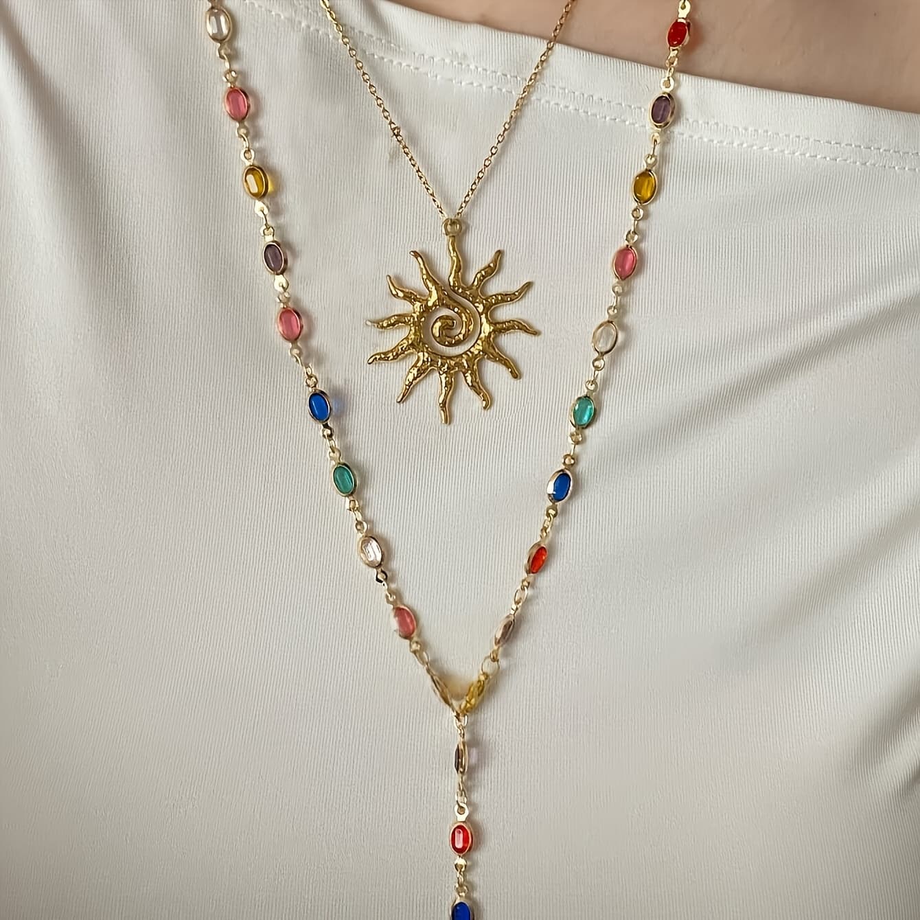 TEMU 2pcs Set Of Simple, Stylish, Trendy, And Elegant Colorful -shaped Necklace Set, Suitable For Women's Beach Vacations, Dinner Parties, Date Photoshoots, And Daily Wear