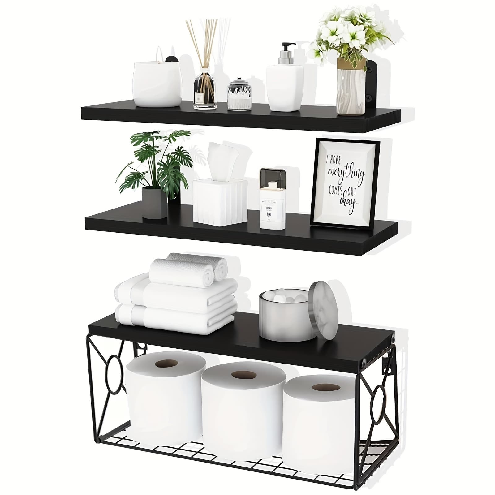 TEMU 3pcs Wall Mounted Floating Shelves Over Toilet | Small Farmhouse Decor Shelf For Toilet Paper Storage, Unfinished Wood End, Black And Brown