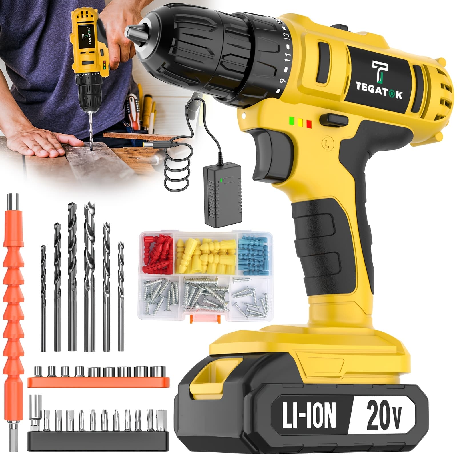 TEMU 20v Wireless Electric Drill Set, Including Battery And Charger, And Drill Bits To To Occasions. With Led Lights, Suitable For Courtyard Maintenance, Furniture Repair, And Holiday Decoration Tools