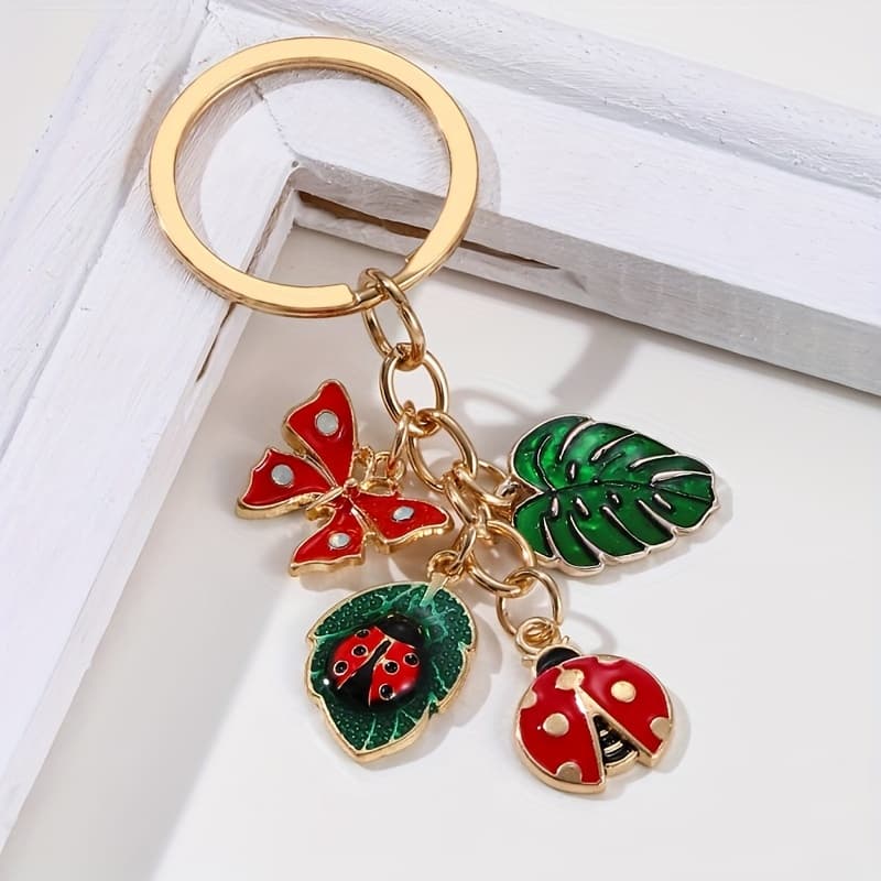 TEMU Green Leaf & Ladybug Keychain - Metal, Round Charm For Bags & Cars - Perfect Birthday Gift For Women, Nxqxn