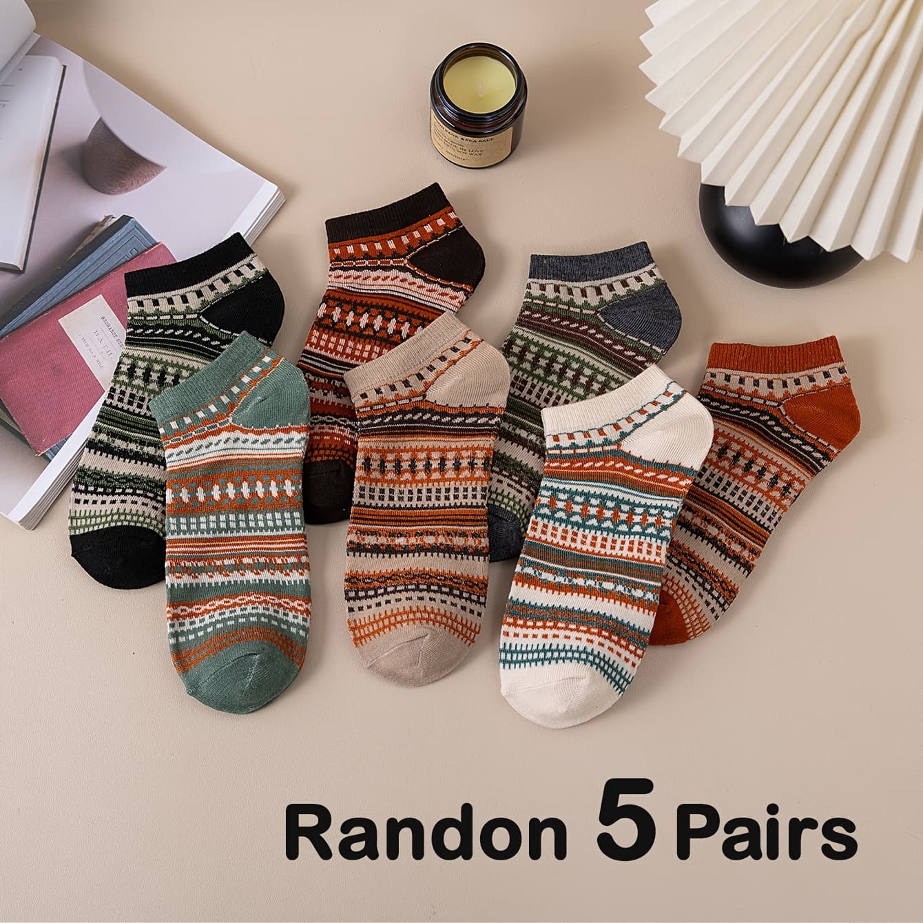 TEMU 5-pair Pack With Random Patterns, Breathable, Vintage Style, Versatile For Casual Wear, Unisex, Suitable For Daily Use. Casual, Versatile, Vintage, Ethnic-style Short Socks