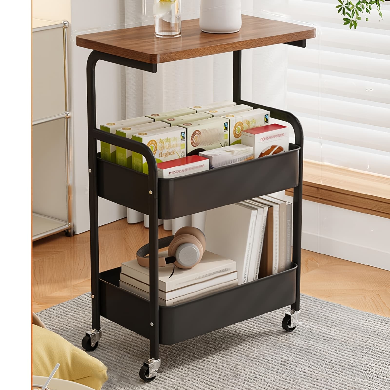 TEMU 3 Tier Rolling Cart Metal, Narrow End Table With Storage, Side Table With Wheels For Couch, Bedroom, Living Room, Study, Dining Room, Office,