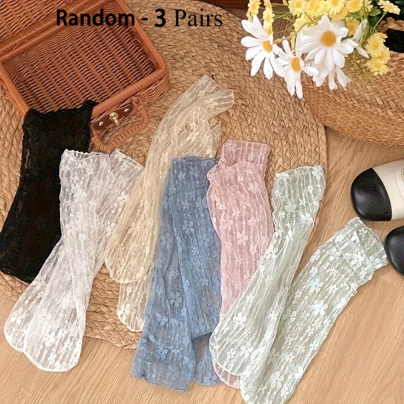 TEMU 3/6 Pairs Of Random Women's Kawaii Breathable Lace Fishnet Socks - Floral Pattern, Soft Mesh, Machine Washable, Polyester, Perfect For Casual Attire, Casual Wear Socks | Socks | Texture