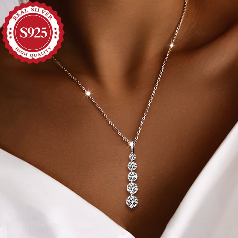 TEMU S925 Silvery, A Lady's Necklace With 5 Shiny Moissanite Pendants, Perfect For Gifting Or Parties