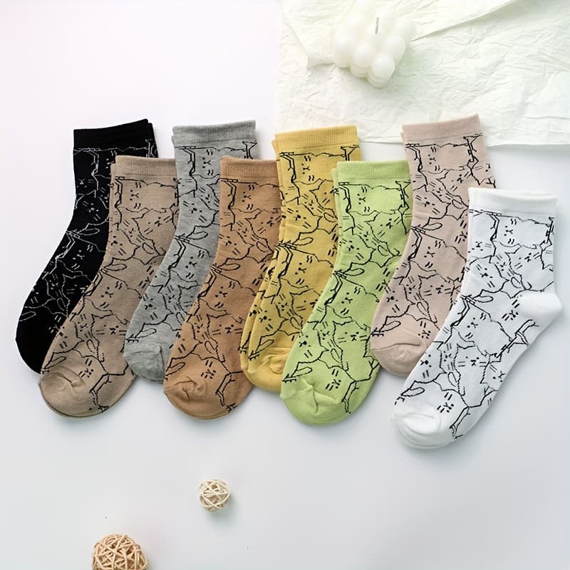 TEMU 5 Pairs/8 Pairs Women's Kitten Pattern Short Mid-calf Socks