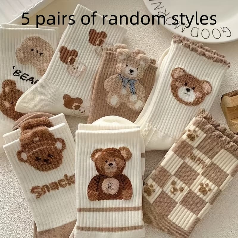 TEMU Random 5 Pairs Of Cute Coffee Colored Three-dimensional Bear Socks, Comfortable And Breathable Short Socks, Women's Long Socks And Sock Products