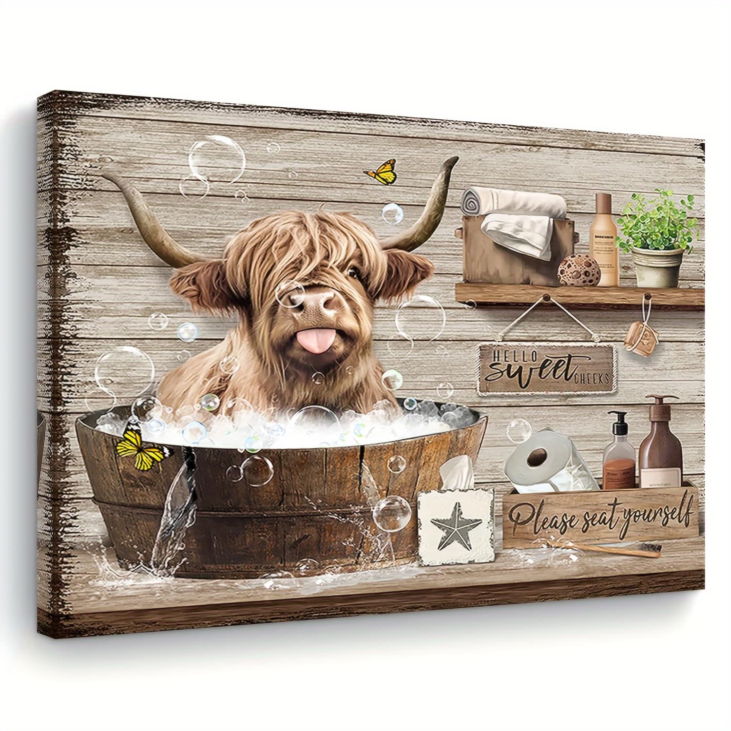 TEMU 2d Flat, 2d Flat, 1pc Framed Canvas Wall Art - Highland Cow In Bathtub Scene, Rustic Wooden Frame, 15.7x11.8 Inches, Perfect For Living Room, Bedroom, Kitchen And Office Decor, Cow Decor