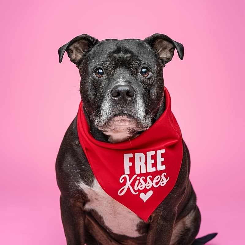 TEMU 1pc Valentine's Day Bandana - Red, Heart And Kiss Text - Heavy Pet Scarf For Dogs, Valentine's Gift, Valentine's Outfit, Dog Scarf, , Durable Dog Apparel, Perfect Decor Gift For Dog Lovers
