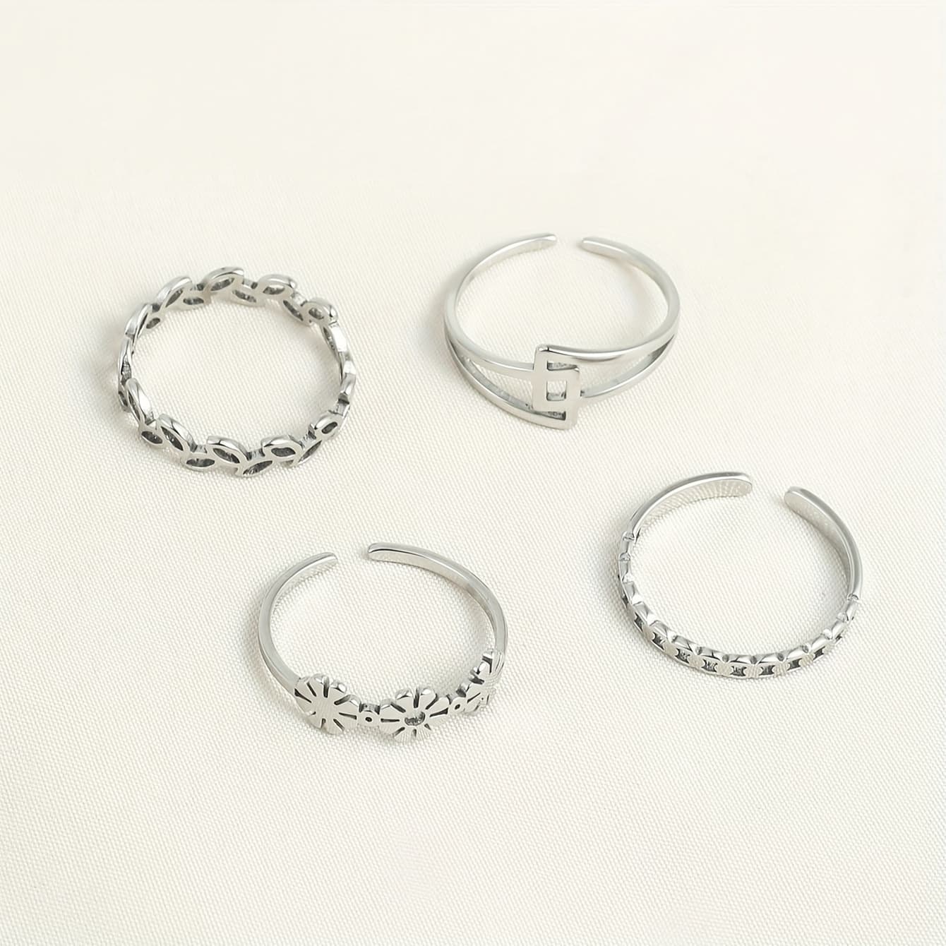 TEMU Elegant 4pcs Leaf & Geometric Hollow Flower Open Ring Set - Stainless Steel, Perfect For Casual Attire Or Gifting