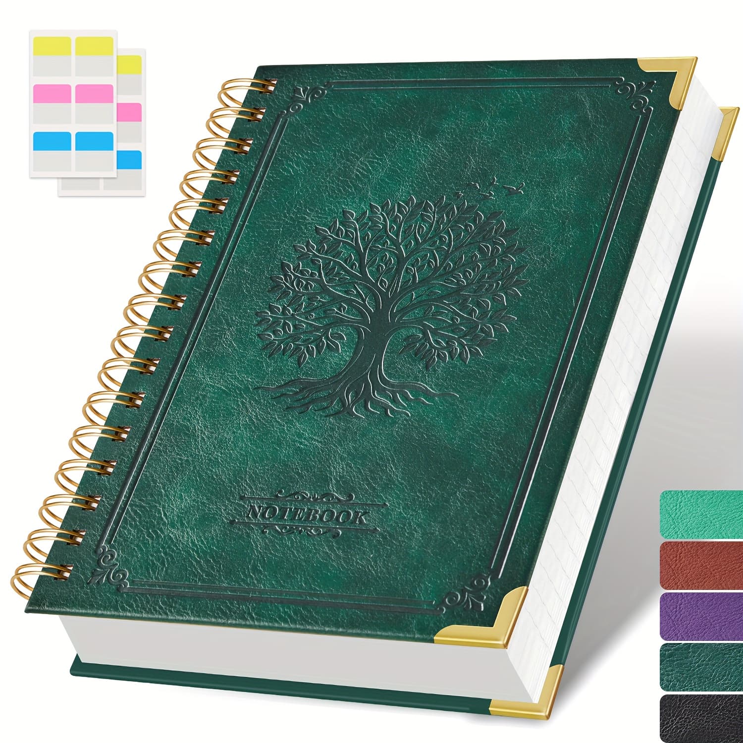 TEMU Spiral Notebook Journals, A5 Hardcover Vintage Leather Notepad With Tree Embossed Cover, Inner Pocket, 100gsm Thick Paper, No Bleed, 5.7×8.4, Work Notepad For Women And Men, Back To School