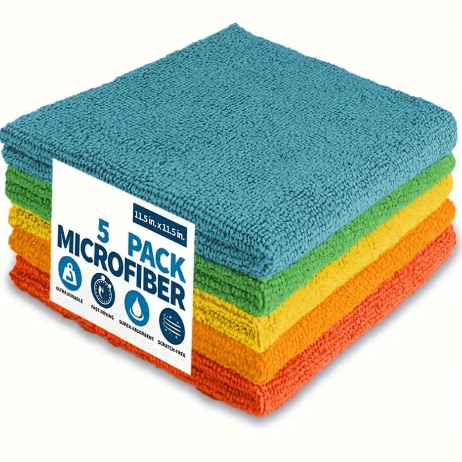 TEMU 5pcs Microfiber Cleaning Cloth Set 30 X 30cm - Polyester, Suitable For , Stripe-free Shine, Ideal For Outdoor, Bathroom, Kitchen, Terrace - Super Absorbent Towels, Random Colors