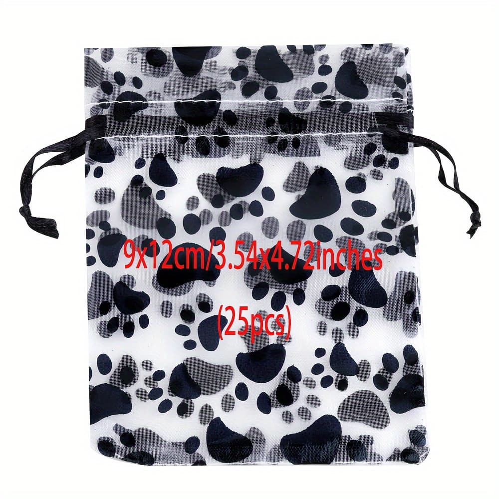 TEMU 25-pack Black Cat Paw Design Organza Jewelry Pouches, 9x12cm High-quality Polyester & Nylon Drawstring Gift Bags For Christmas Party, Jewelry Storage, No Power Required