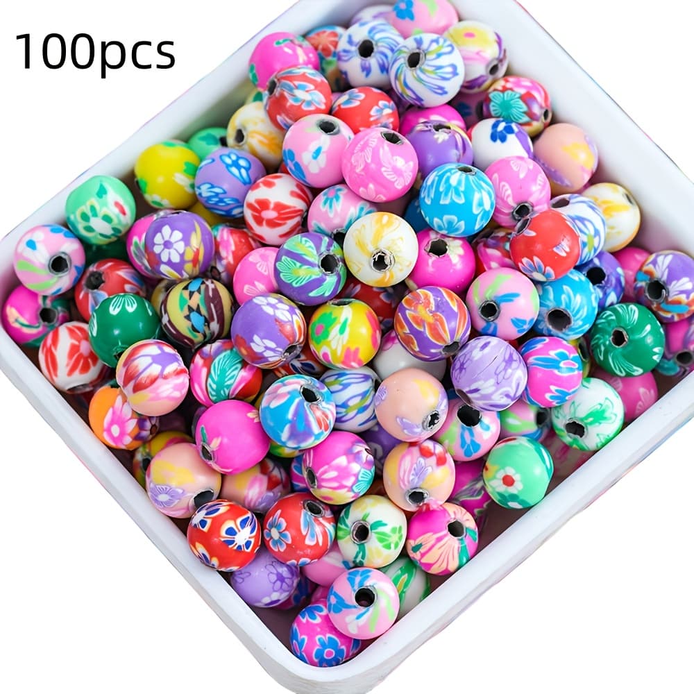 TEMU 100 Soft Clay Beads, 8mm Vintage-style Patterned Multicolor Round Beads For Making, Bracelets, Necklaces, Phone Charms, Keychains, Car Pendants, And Handmade Creative Gifts