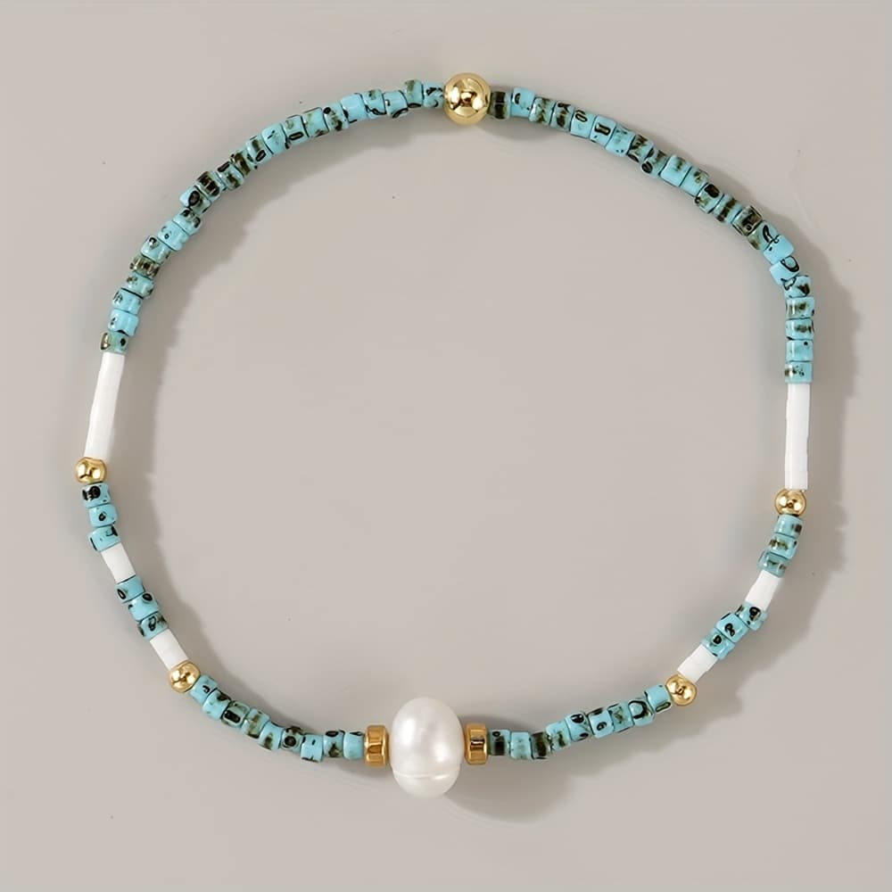 TEMU 1pc Boho Chic Beaded Bracelet With Single Pearl Accent, Vintage-inspired Glass Bead Stretch Jewelry, Perfect For Daily Wear & Gifting, Accessory