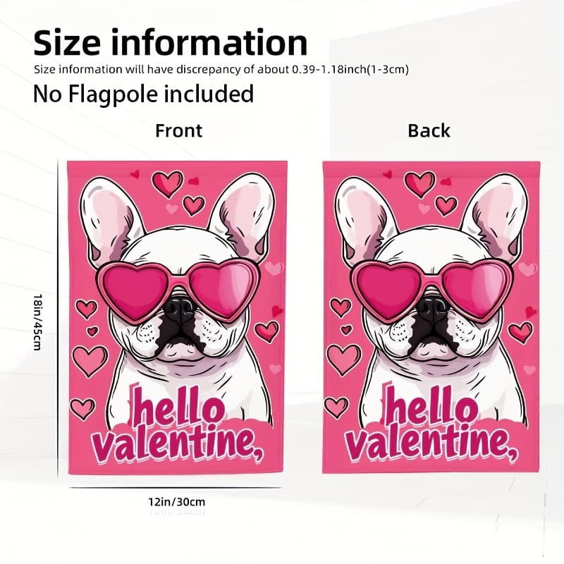TEMU 1pc Valentine's Day Garden Flag Double-sided, Dog Sunglasses Heart Text Valentine Vector Tee, Perfect For Outdoor Yard Decor, 12x18 Inches, No Flagpole Included_sodgj1101056