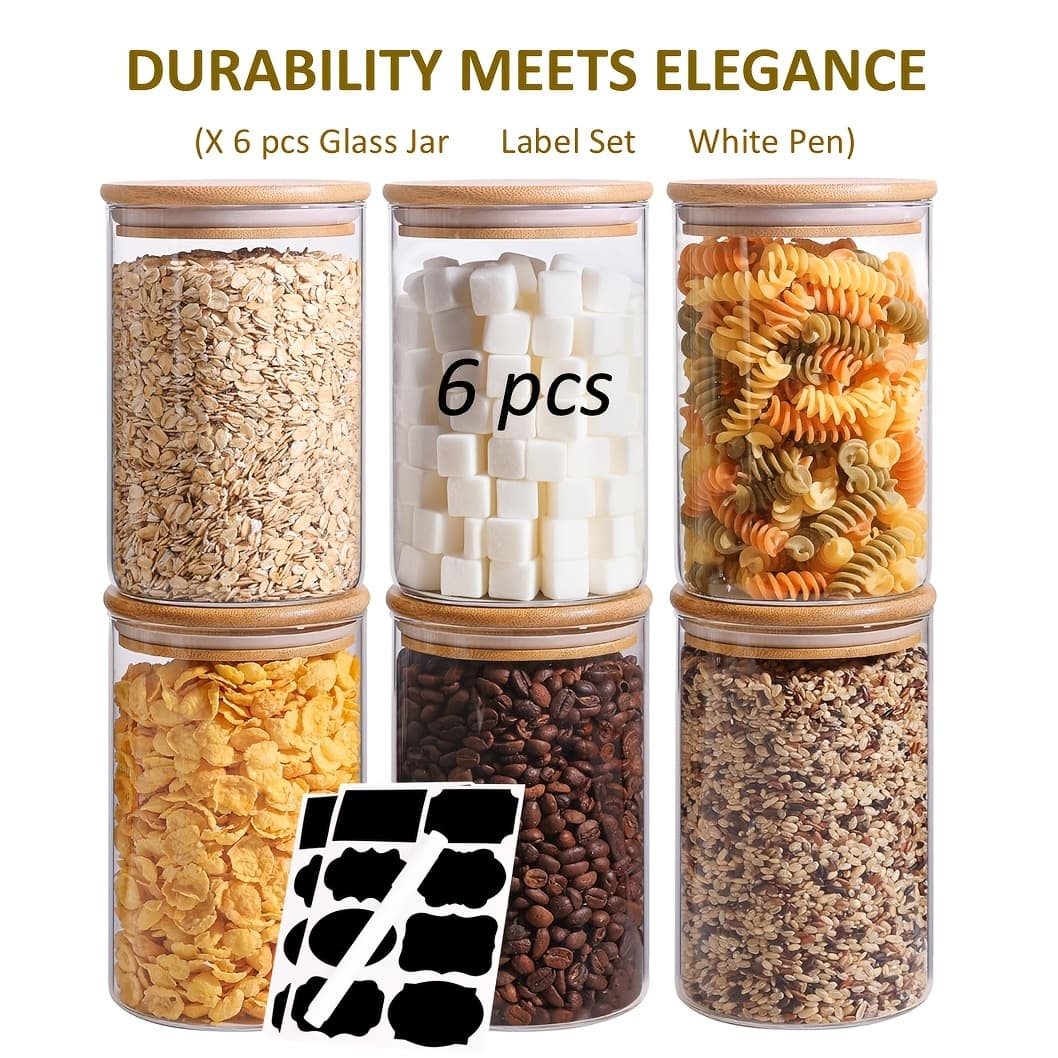 TEMU 6pack 32oz Glass Jars With Bamboo Airtight Lids Stackable Food Storage Containers With Waterproof Labels With Wood Lid For Candy, Cookie, Rice, Sugar, Flour, Pasta, Nuts