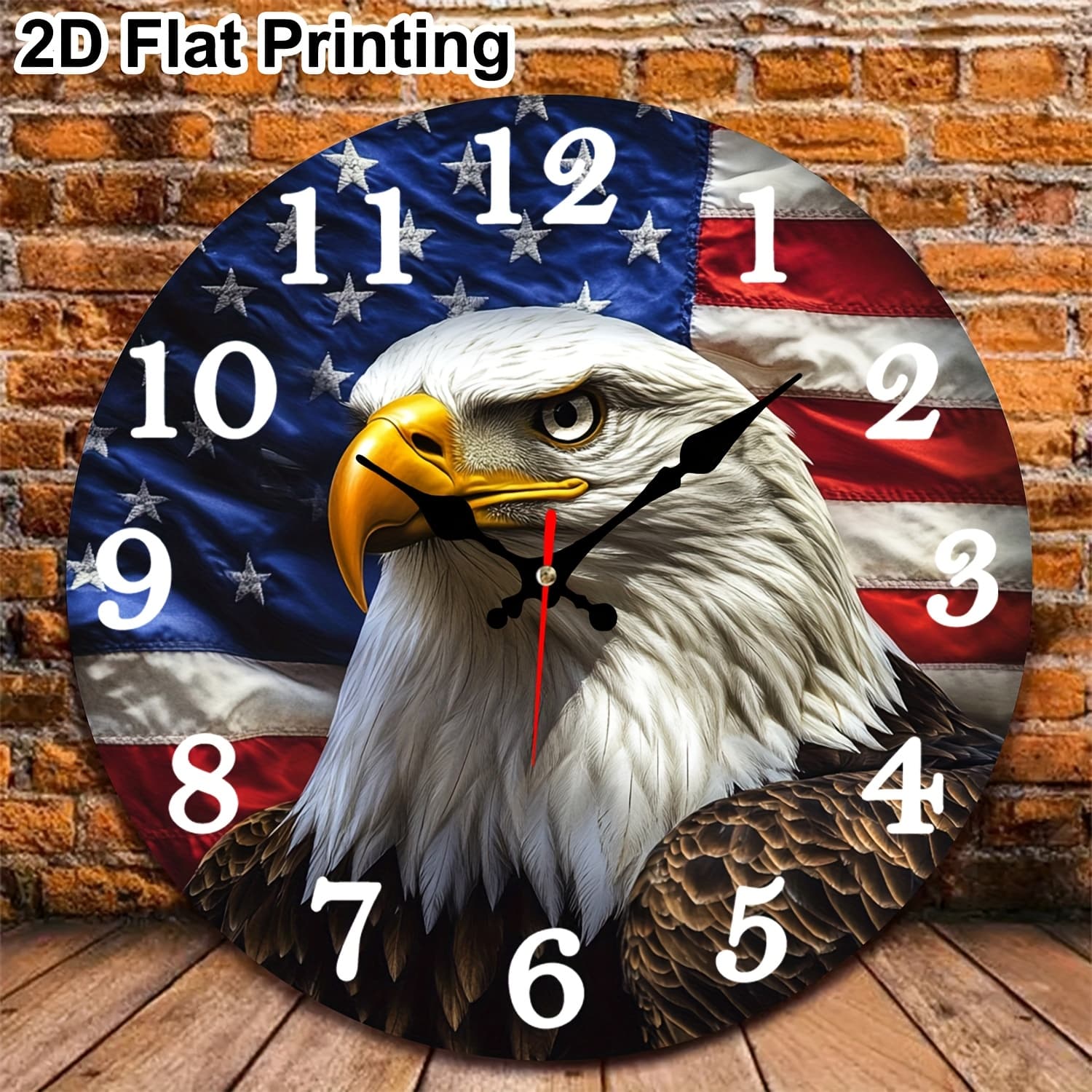 TEMU 1pc American Flag & Bald Eagle Wall Clock - Round 10-inch Plastic Battery- - Face, Patriotic Usa-themed Décor Suitable For Bathroom, Bedroom, Living Room, Office - (aa Not Included), 2d Flat