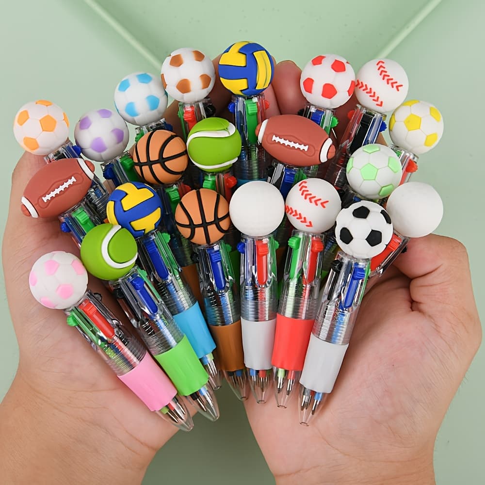 TEMU Cute Ball-shaped Four-color Ballpoint Pens | Football, Basketball, Cartoon Mini Short Pens For Students' Journals, Click Pens, Portable Office And Classroom Note-taking, High-quality Stationery