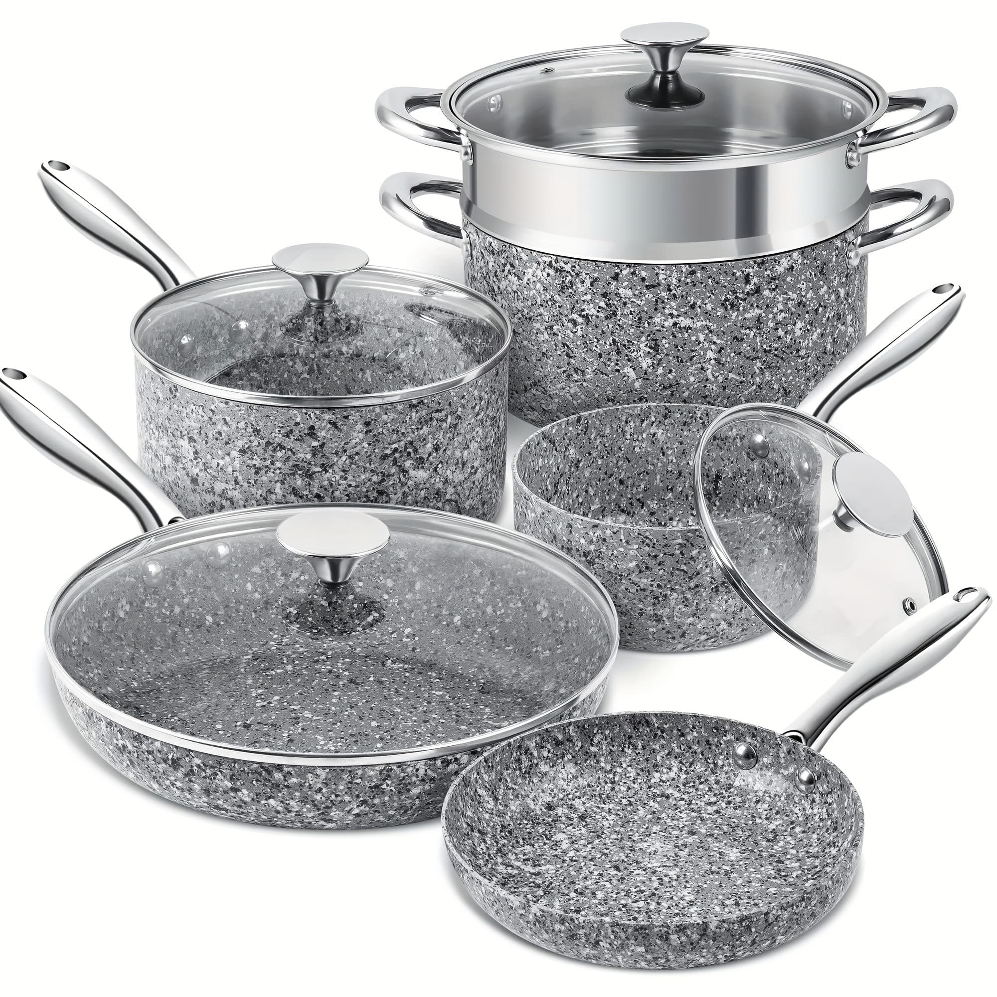 TEMU Stone Cookware Set 10pcss, Ultra Nonstick Pots And Pans Set With Stone-derived Coating For Kitchen, Granite - 10pcss