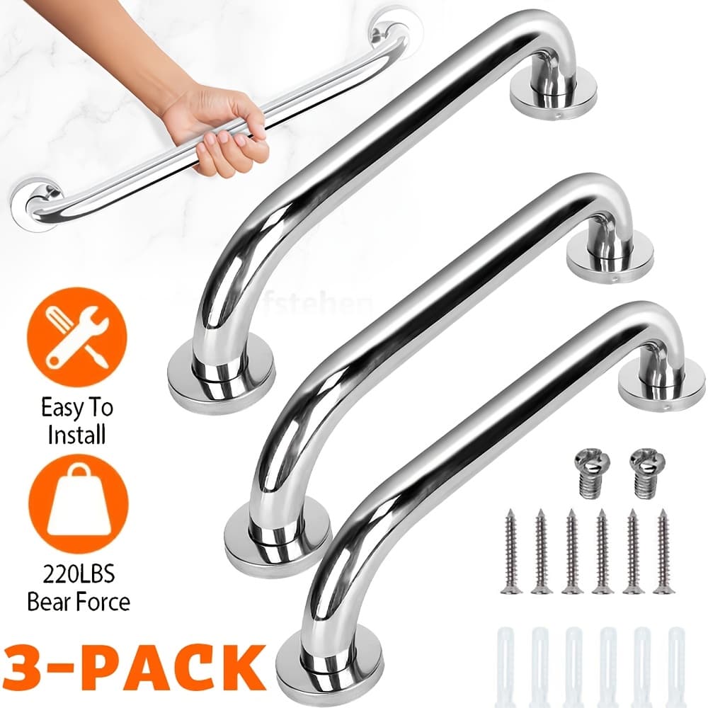 TEMU Set Of 3 12-inch Grab Bars Designed For Bathtubs And Showers, Featuring Anti-slip . Stainless Steel Handles For The Elderly And With Disabilities In The Bathroom