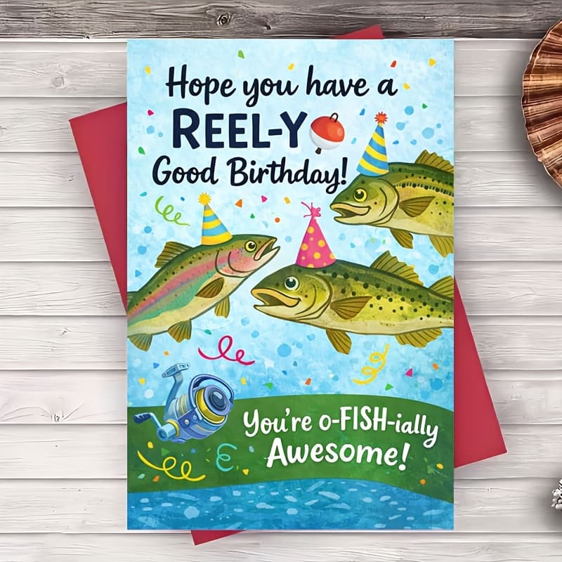 TEMU 1pc Greeting Card Funny Fishing Birthday Card With Theme For Dad Husband Friend Angler Fisherman Party Celebration Flat Greeting Card For Him