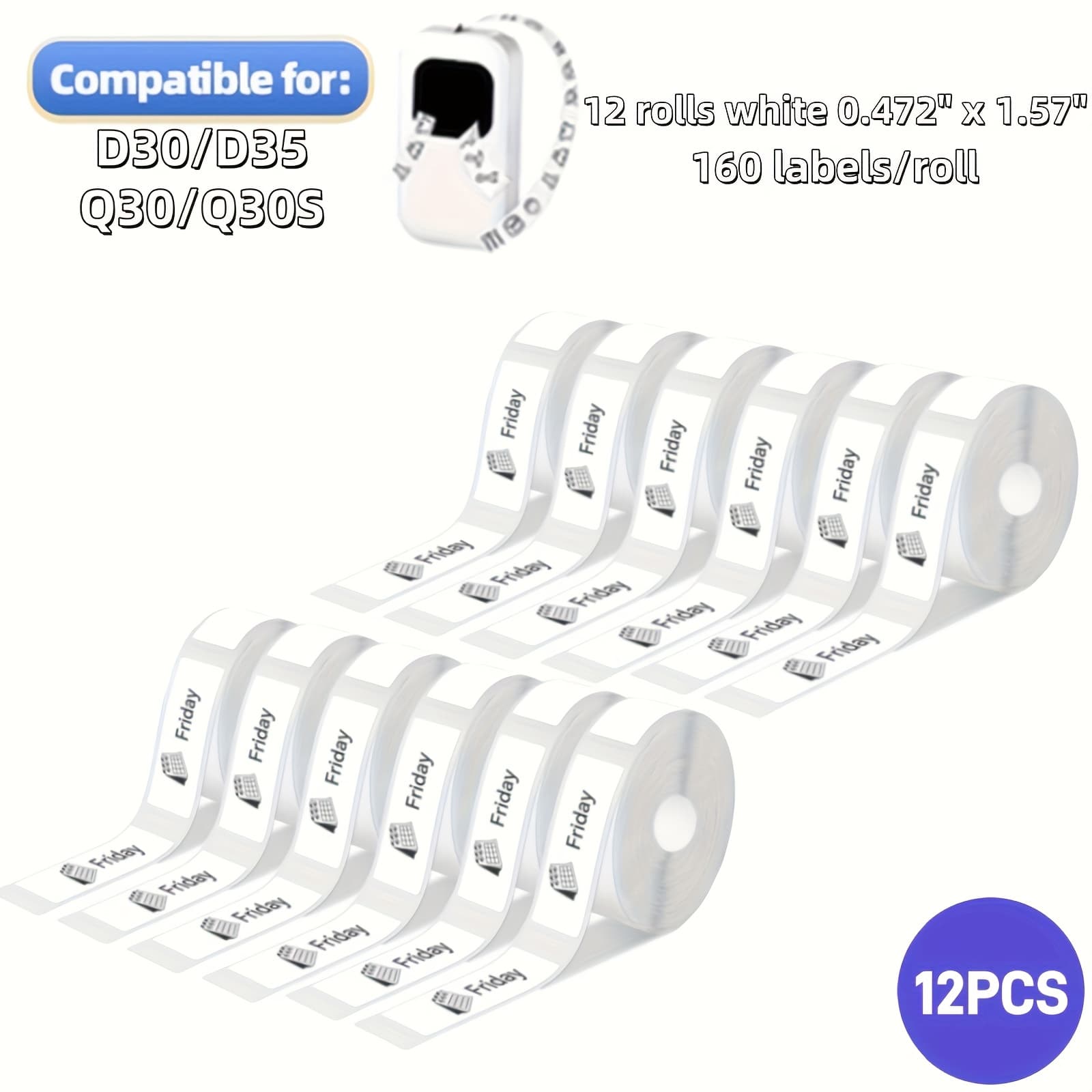 TEMU 12 Rolls White Thermal Label Sticker Set 160 Labels/roll Suitable For Portable Printer Compatible With D30/d35/d30s/q30/ 0.47''*1.57''(12*40mm) Self-adhesive Stickers For Home And Office