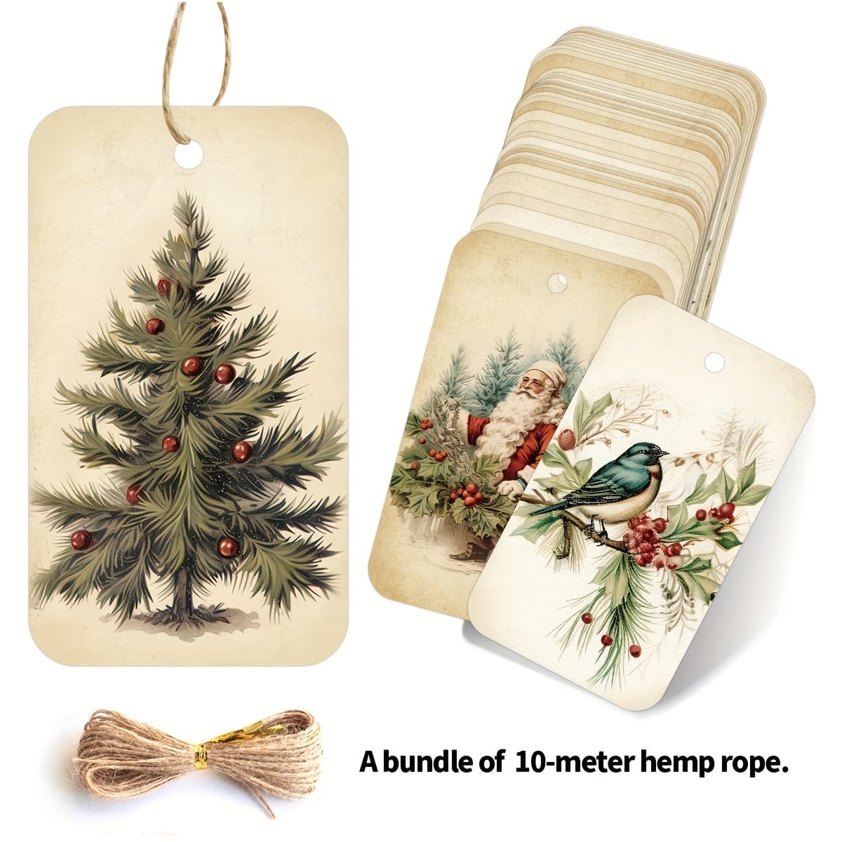 TEMU 50pcs Vintage Christmas Hang Tags With Hemp Rope, Classic-style Holly, Birds, Santa Claus Designs, For Diy Enthusiasts, Crafters, Christmas Shop Party Decoration, Labeling Gifts Packaging