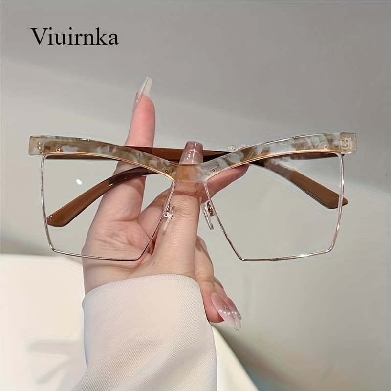 TEMU Viuirnka Women's Glasses, Trendy Semi-rimless Oversized Frame, Minimalist Lightweight Design With Case, Retro Fashion Eyewear For Daily Casual Wear, Cool Wear, Trending Holiday Gifts
