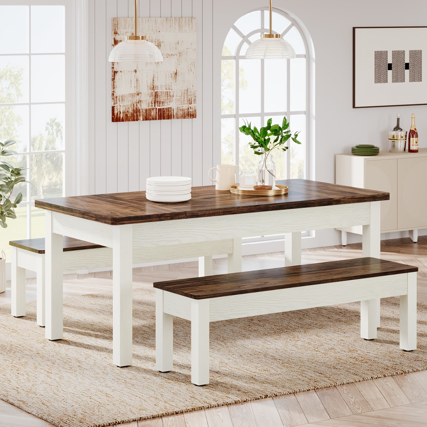 TEMU 3pcs Dining Table Set With 2 Benches, 55-inch Wood Kitchen Table Set For 4-6, Farmhouse Space-saving Dinette For Kitchen, Dining Room