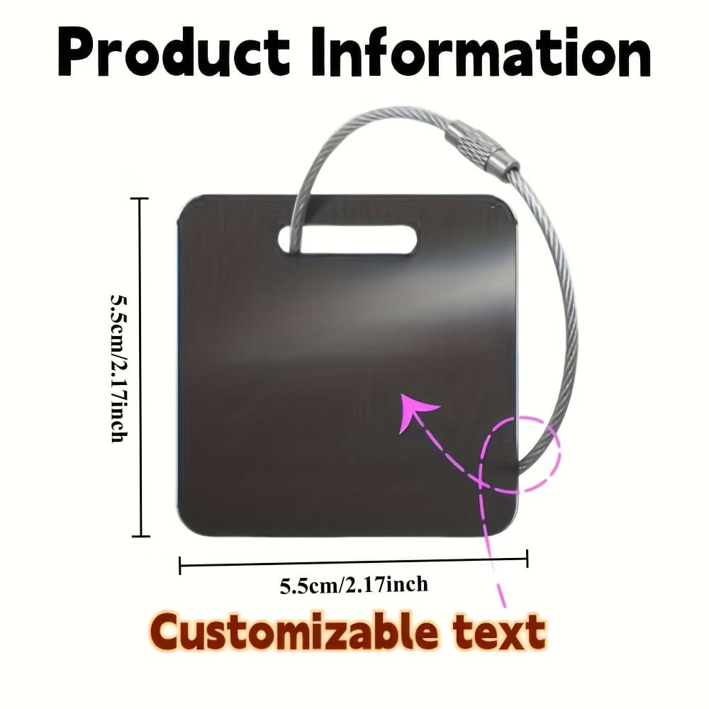 TEMU Custom Engraved Stainless Steel Luggage Tag - Personalize Your Travel Bag With Laser Cut Text, Tsa Approved, Elegant Black Square Tag For Backpacks And Suitcases