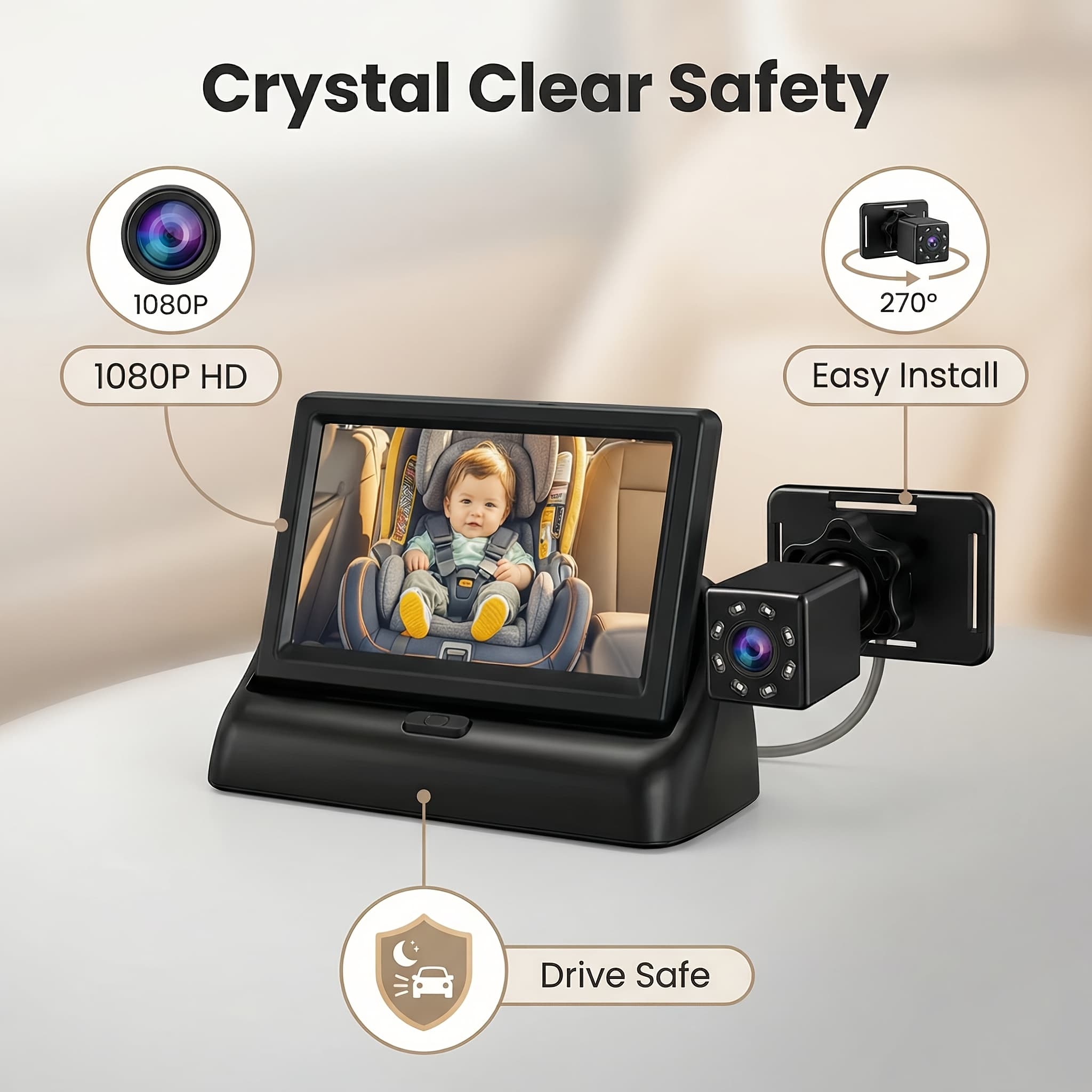 TEMU 1080p High-definition Car Monitor, Night Vision, Rear-seat Camera For Pet Monitoring, Plug-and-play, Display, Abs Material, A Car Charger