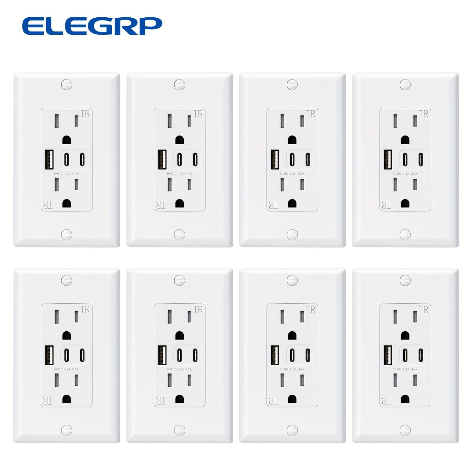 TEMU Elegrp 8 Pack, White Usb Outlets, 15 Amp Wall Socket Featuring 3 Usb Ports, Dual Usb C Ports, Tr Tamper-resistant Usb Receptacles, Wall Plate Included, Ul/