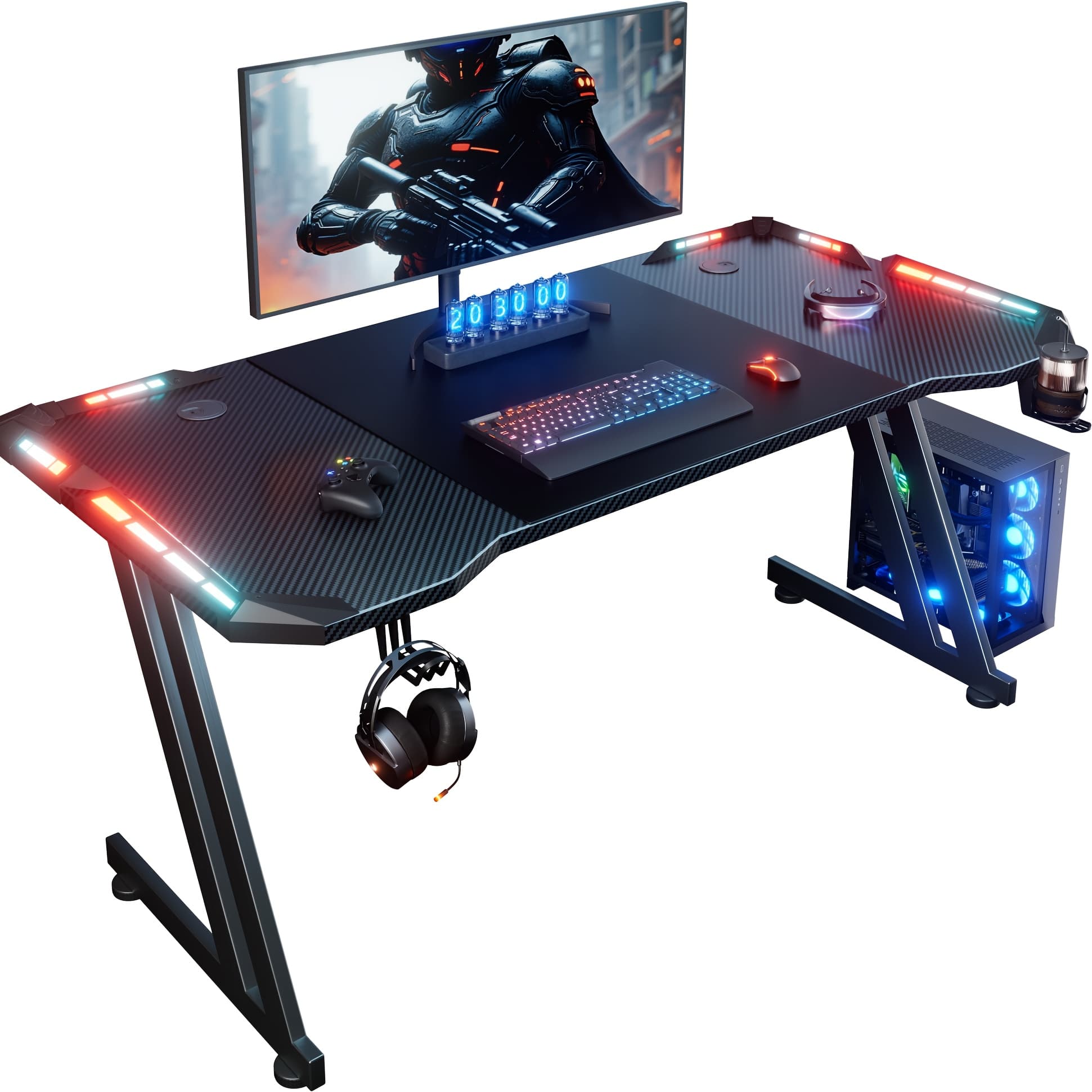 TEMU Furnishia 47/55/63 Inch Z Shaped Gaming Table With Led Lights, Carbon Fiber Table Top & Oversized Mouse Pad Computer Desk, Office Desks With Cup Holder & Headphone Hook For Bedroom, Office, Black