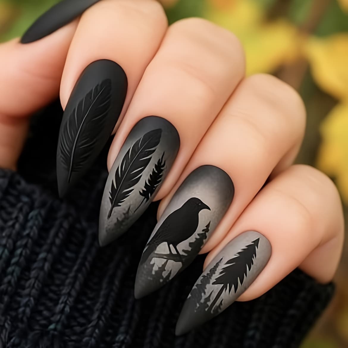 TEMU Women'-on Fake Nails, Black Almond Shape, Medium-length With Feather, Leaf, Forest, And Black-white Gradient Pattern, , Suitable For Women And