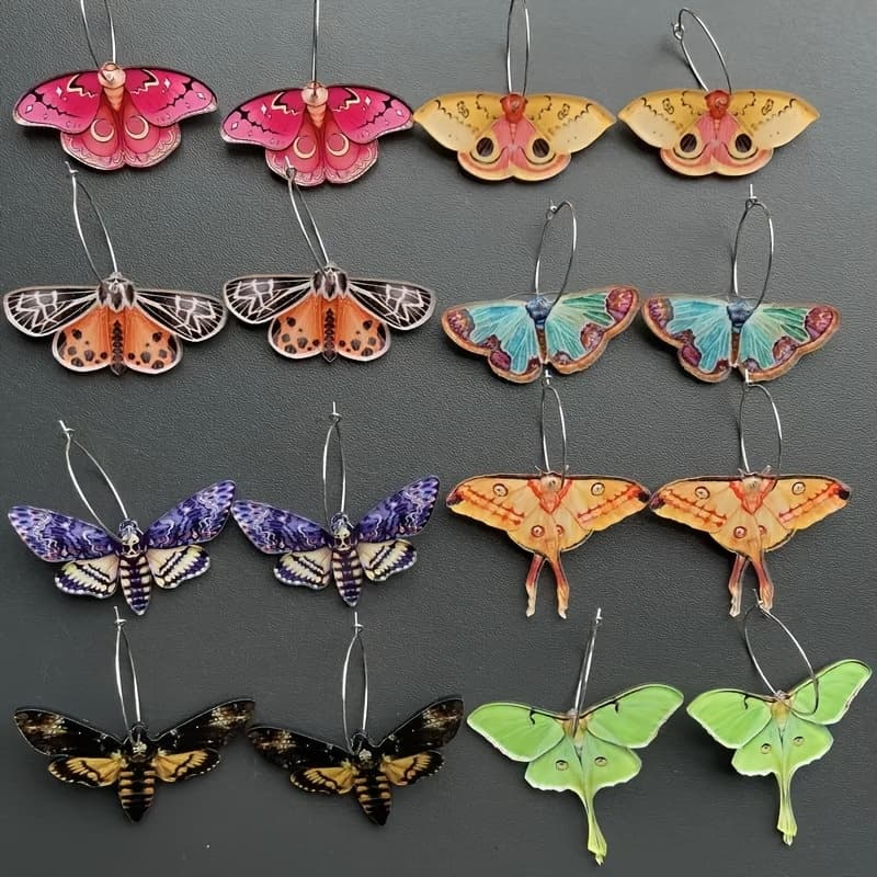 TEMU 8 Pairs Of Insect Acrylic Green Colored Moth Earring Set, Retro Bohemian Style, Suitable For Vacation And Casual Wear