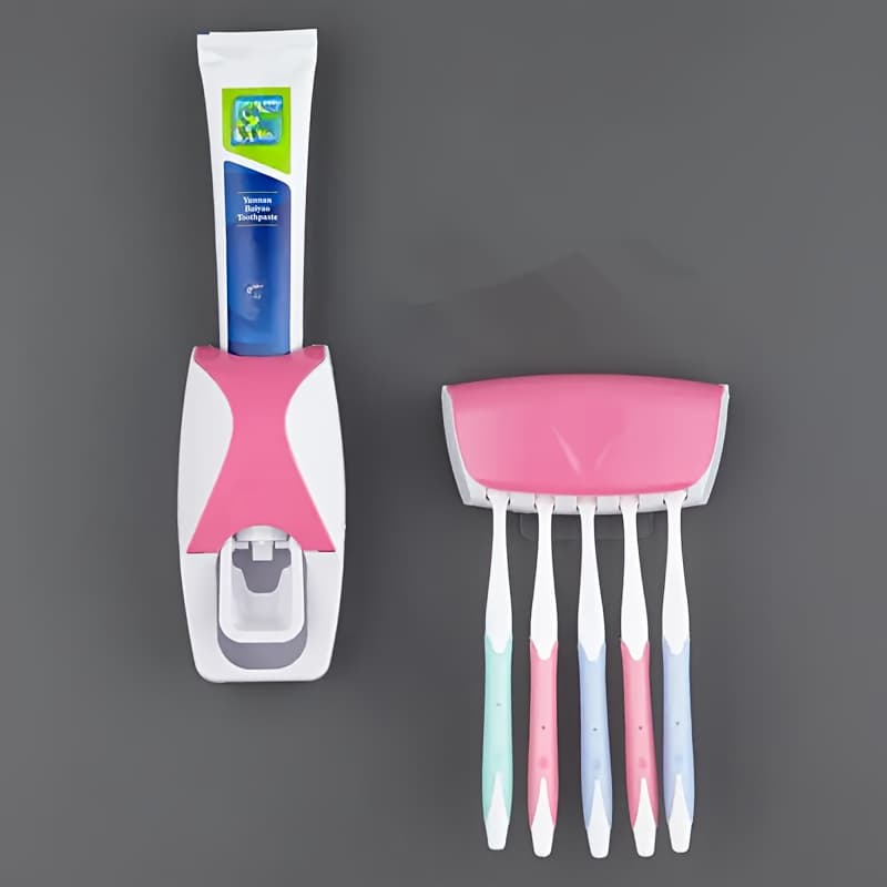 TEMU 5-toothbrush Holder With Toothpaste Dispenser - No Drill Wall Mount, Push-button Squeeze Design, Abs Plastic (holds 5 Brushes, Space Saver)