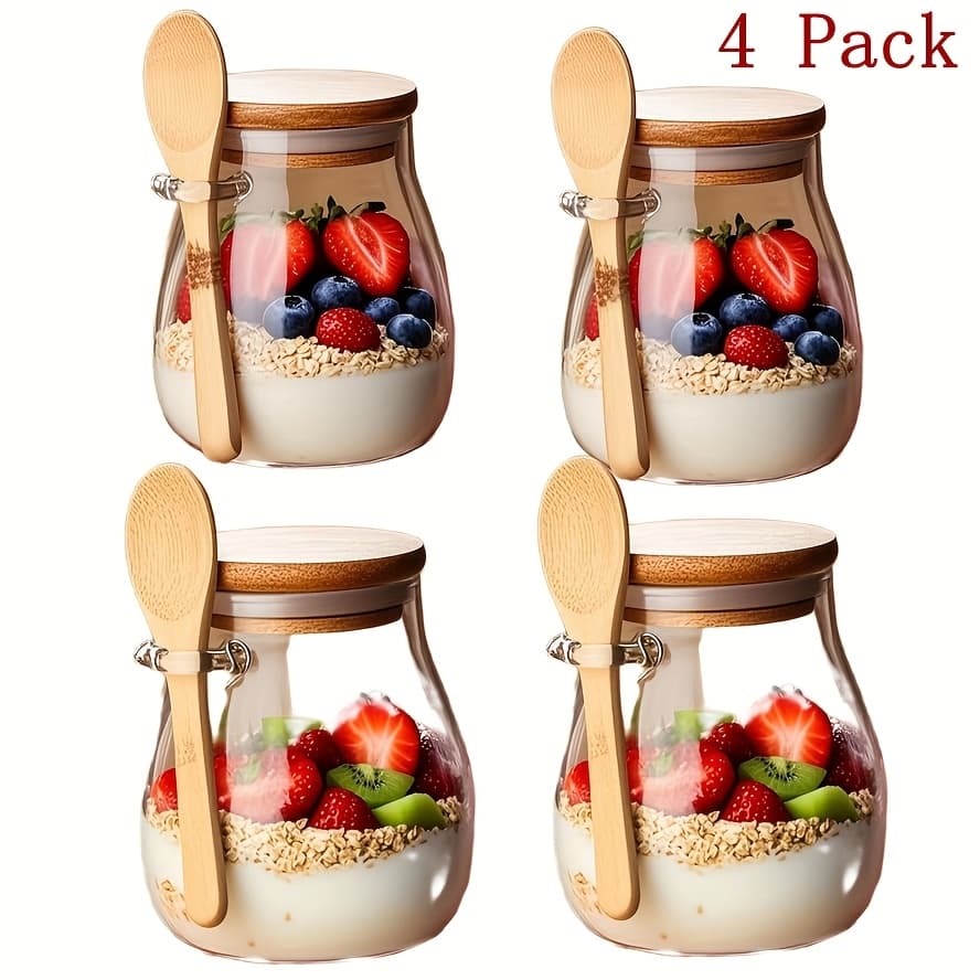 TEMU 4pcs Glass Cups 11.96oz | Oatmeal Jars, Salad Bowls, Meal Prep Containers With Lids And Spoons | , Puddings, Yogurt, Overnight Oatmeal Cup Set